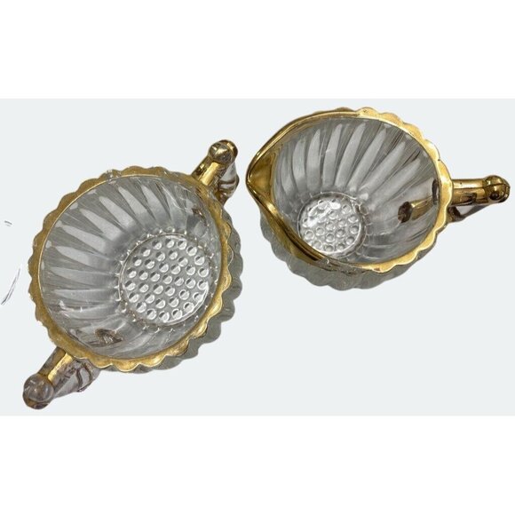 Vintage Glass Cream & Sugar Set With Gold Accents & Ribbed Design - Picture 3 of 6